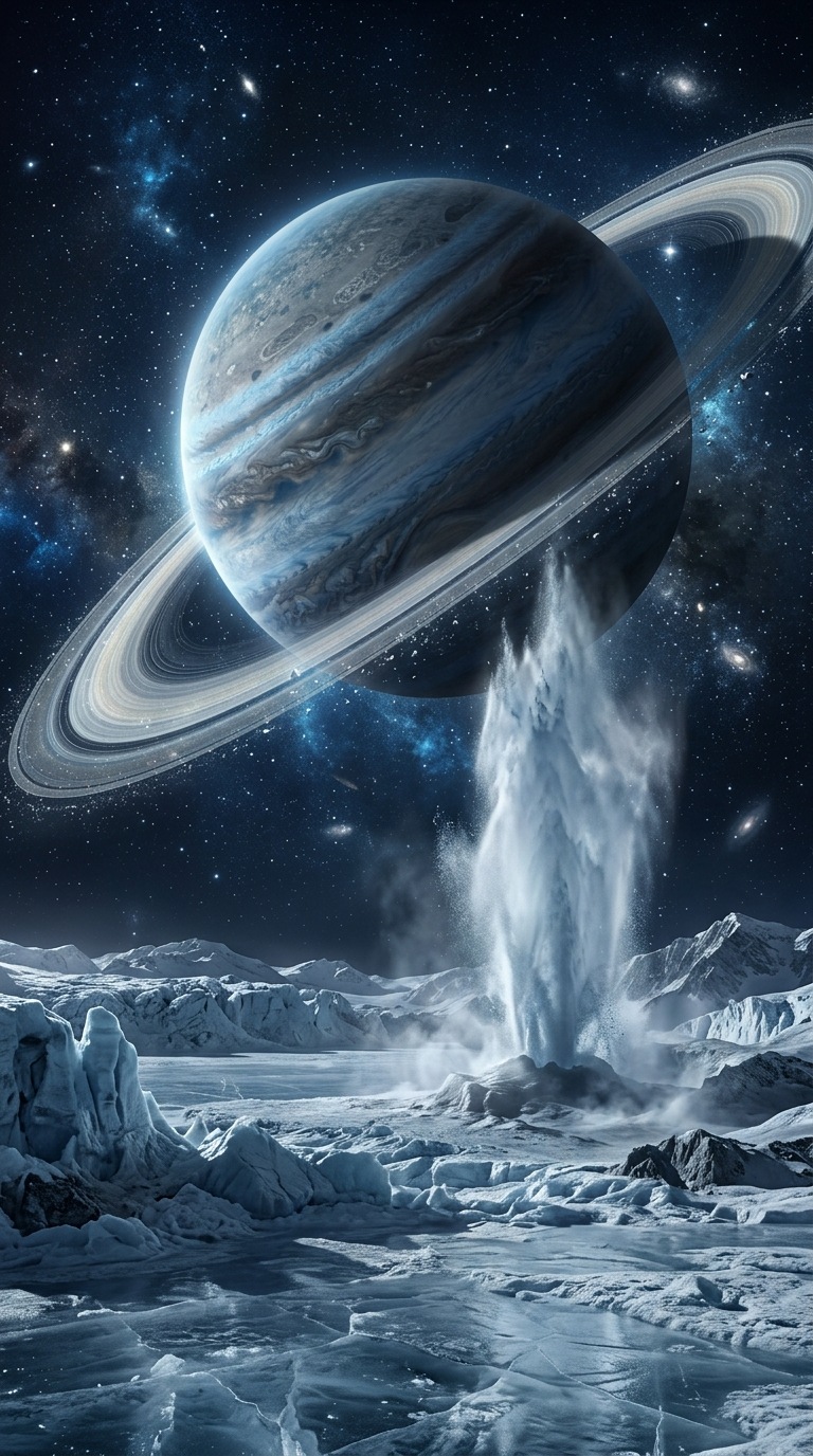 A ringed gas giant above a frozen geyser.