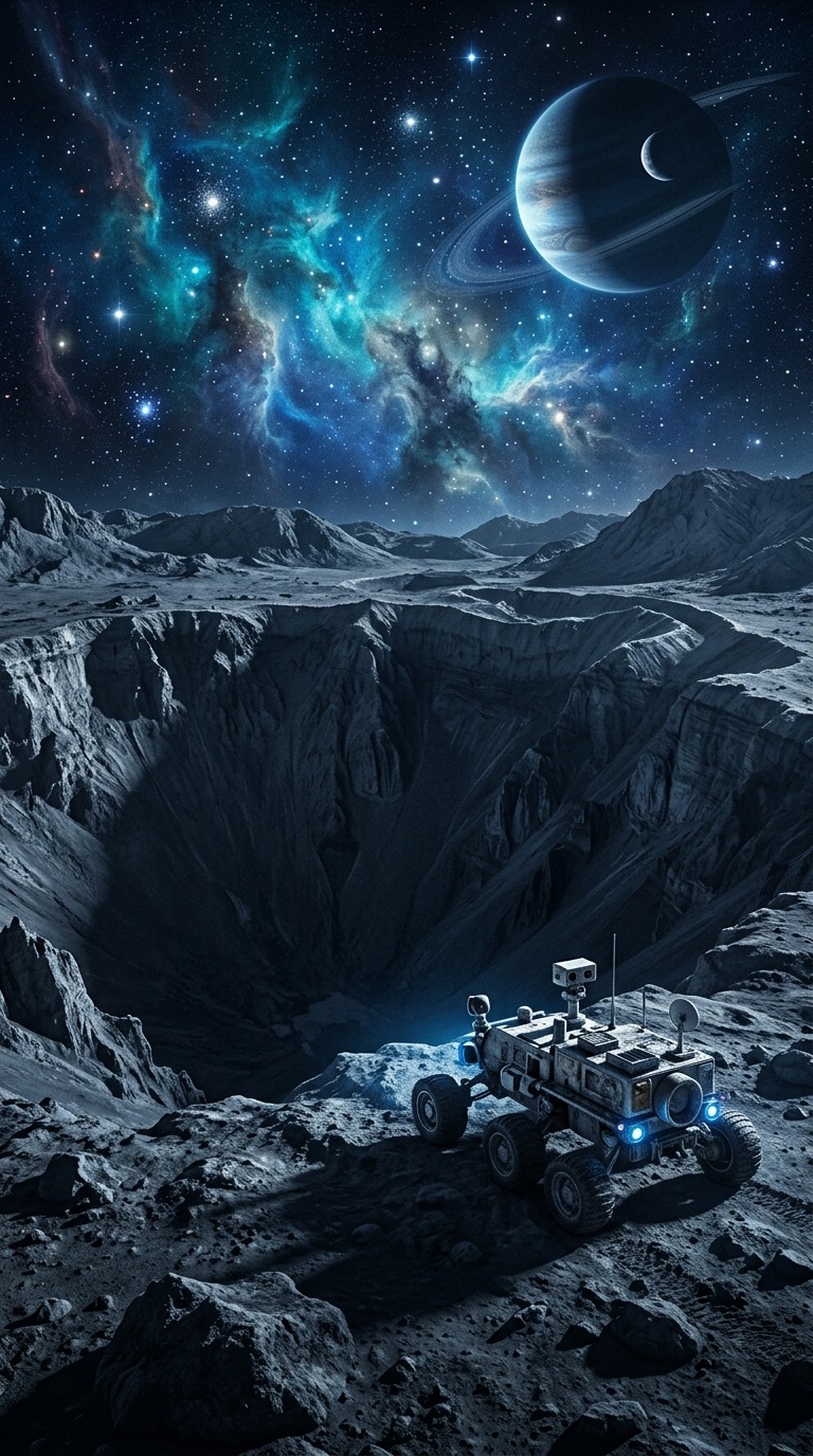 A small rover beside a vast crater.