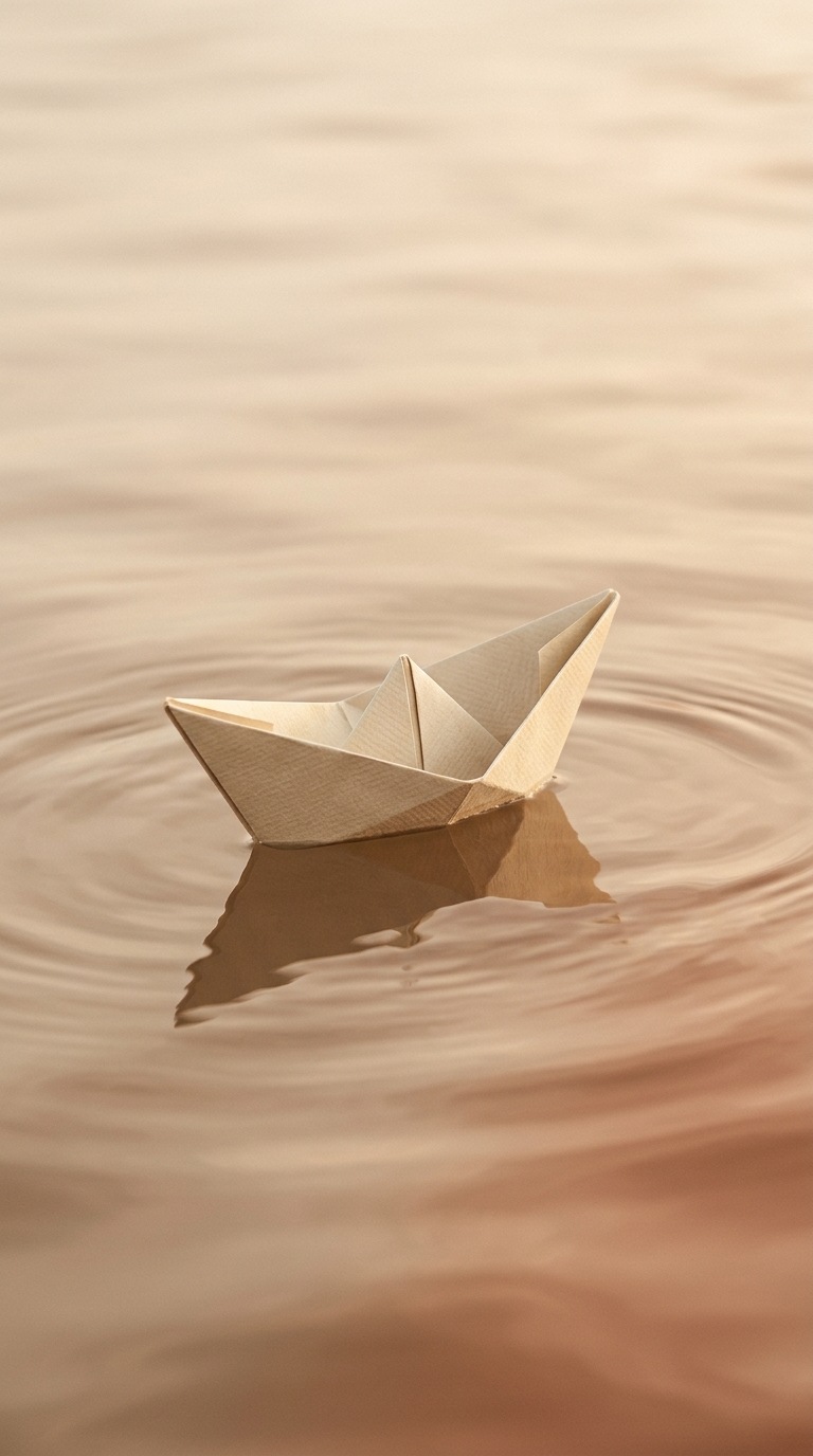 A floating folded paper boat.