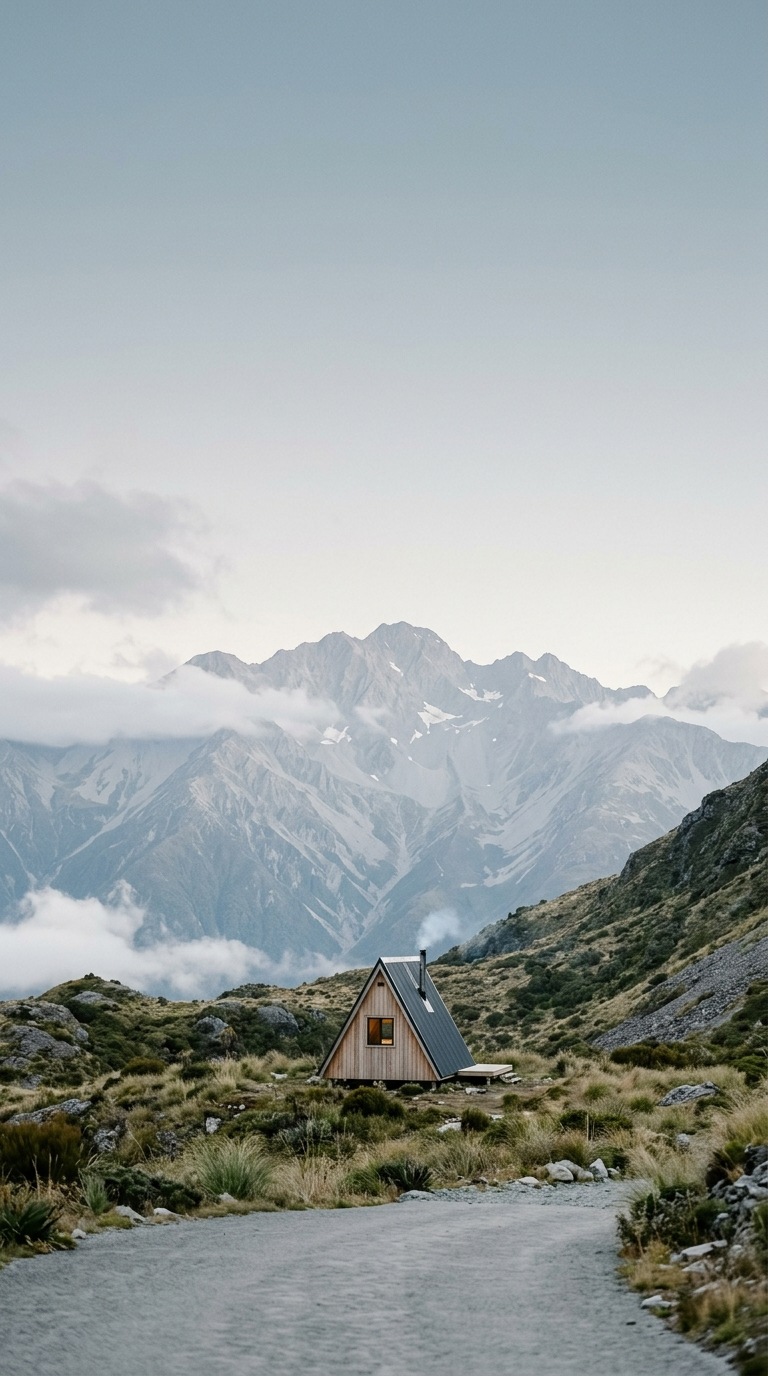A tiny cabin beneath a distant mountain.