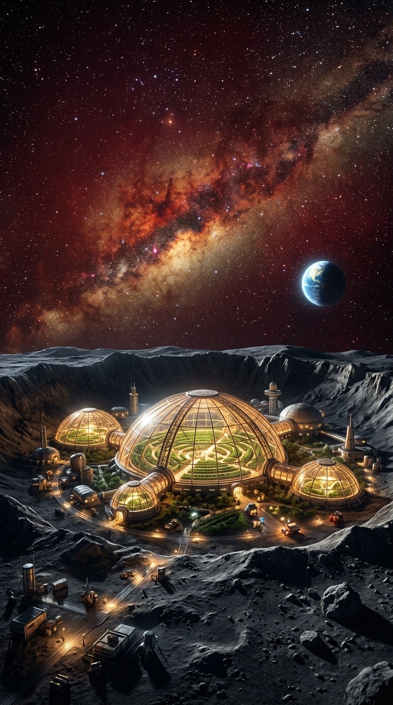 A futuristic lunar greenhouse beneath stars.