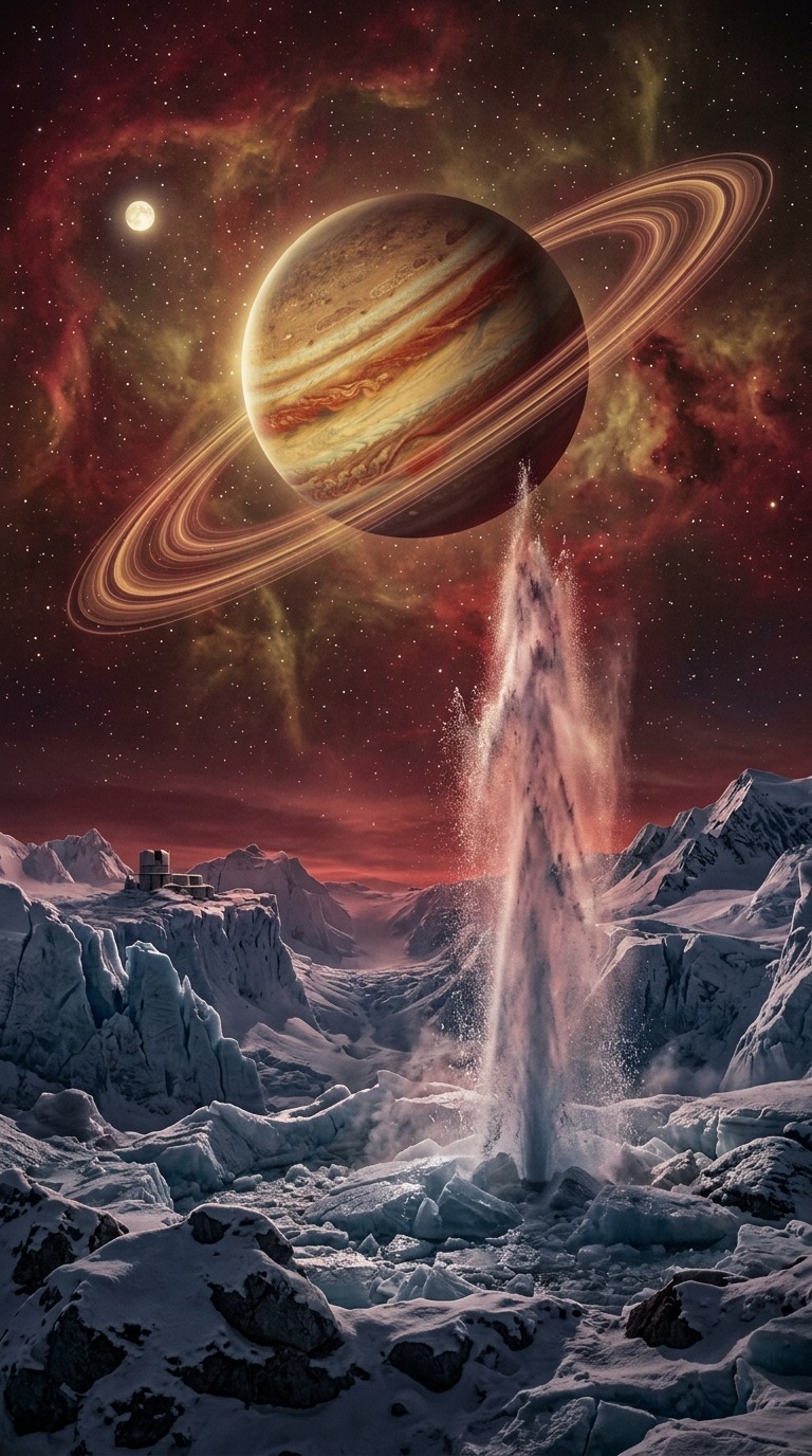 A ringed gas giant above a frozen geyser.