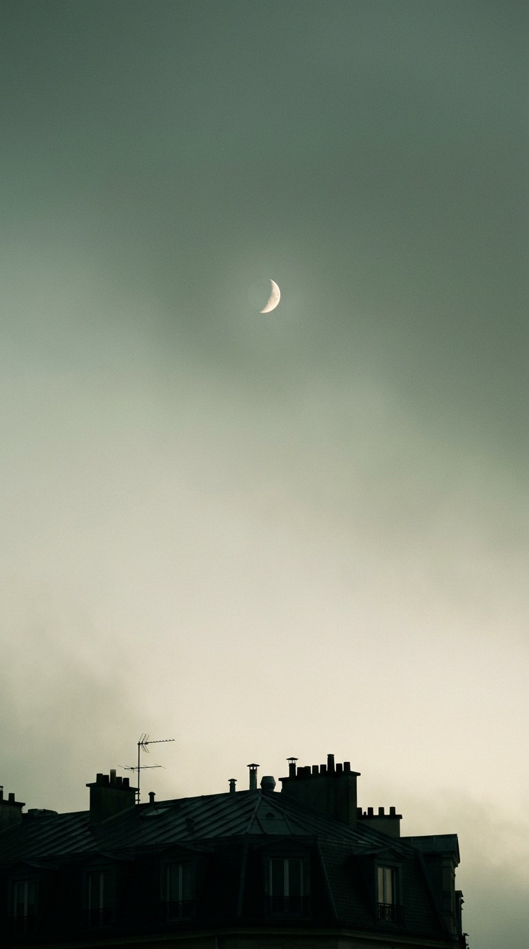 A small moon above a rooftop silhouette.
