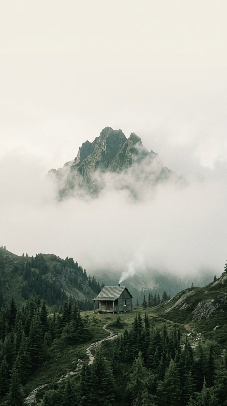 A tiny cabin beneath a distant mountain.