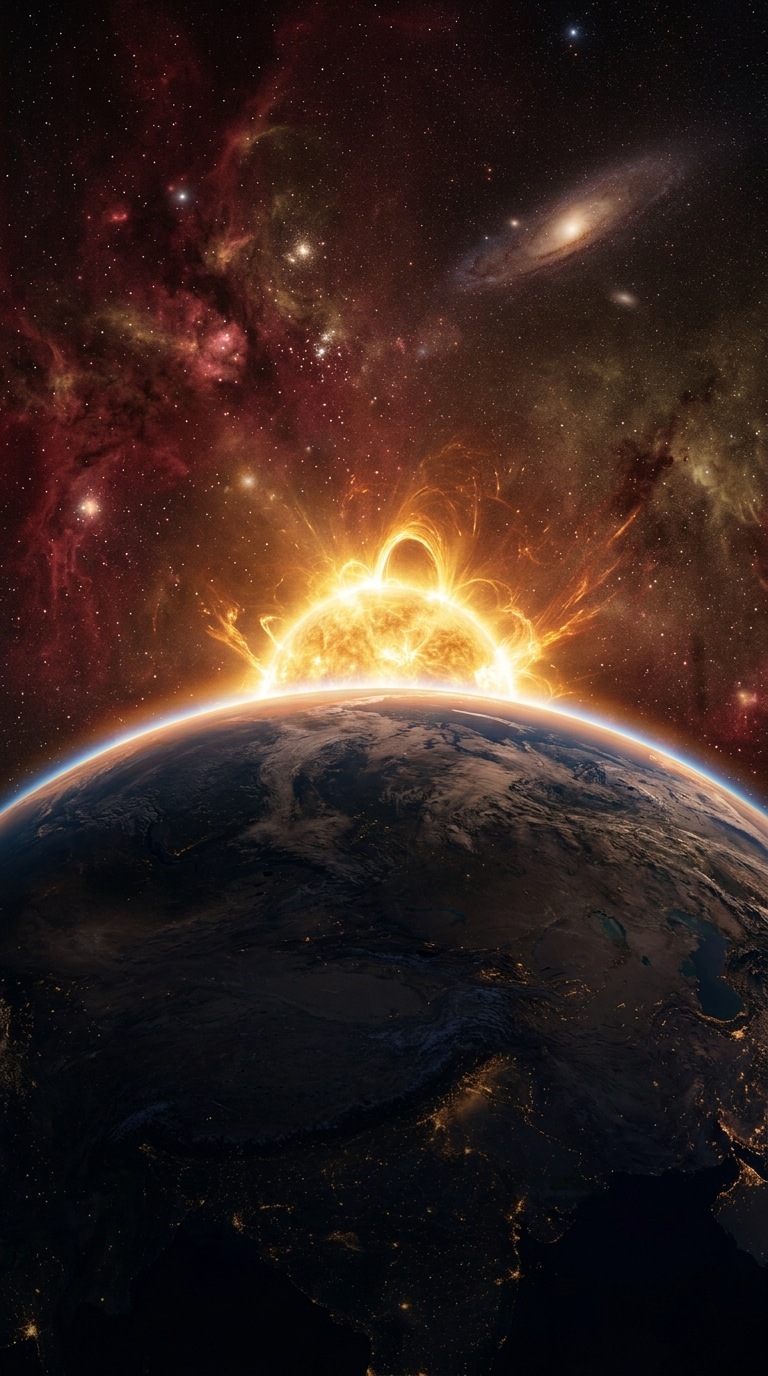 A golden solar flare above a planet horizon.