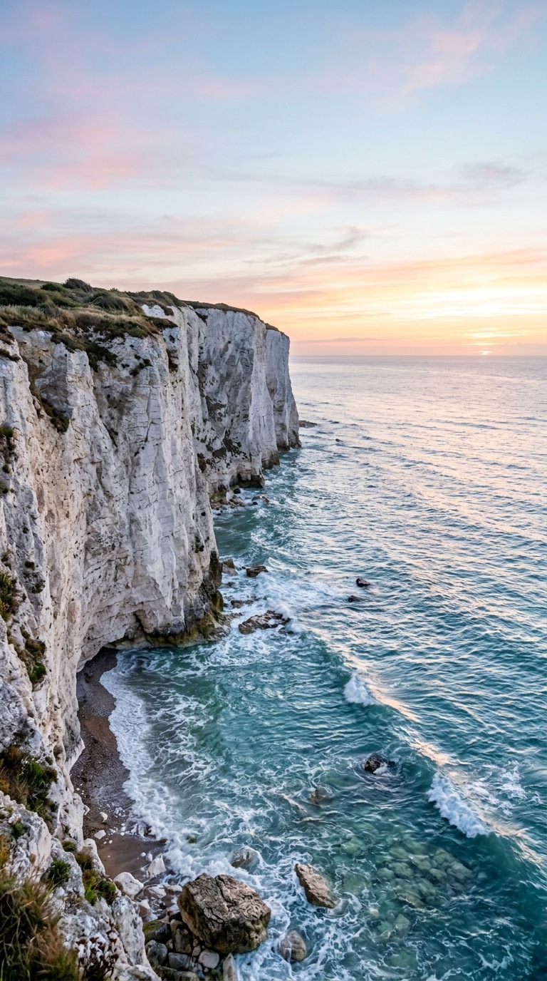 A coastline of towering white chalk cliffs.