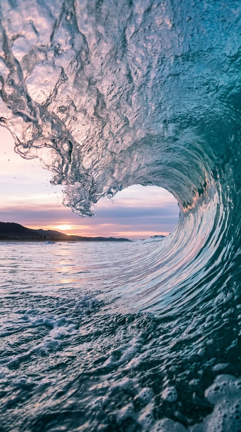 A curling turquoise wave seen from inside.