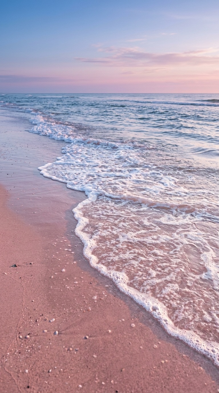 A foamy surf line on rose-colored sand.