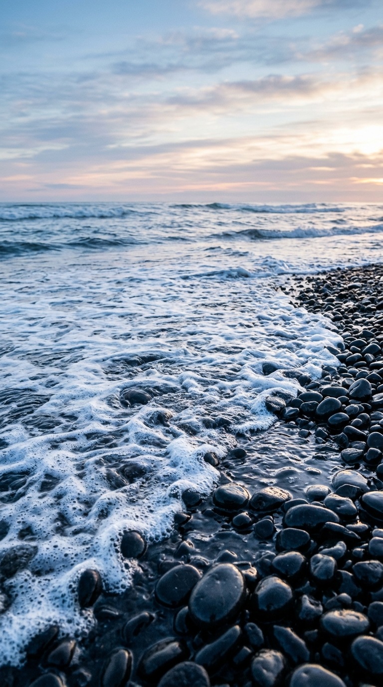 A gentle wave washing over black pebbles.