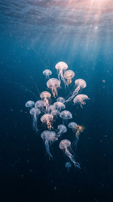 A group of jellyfish in deep blue water.