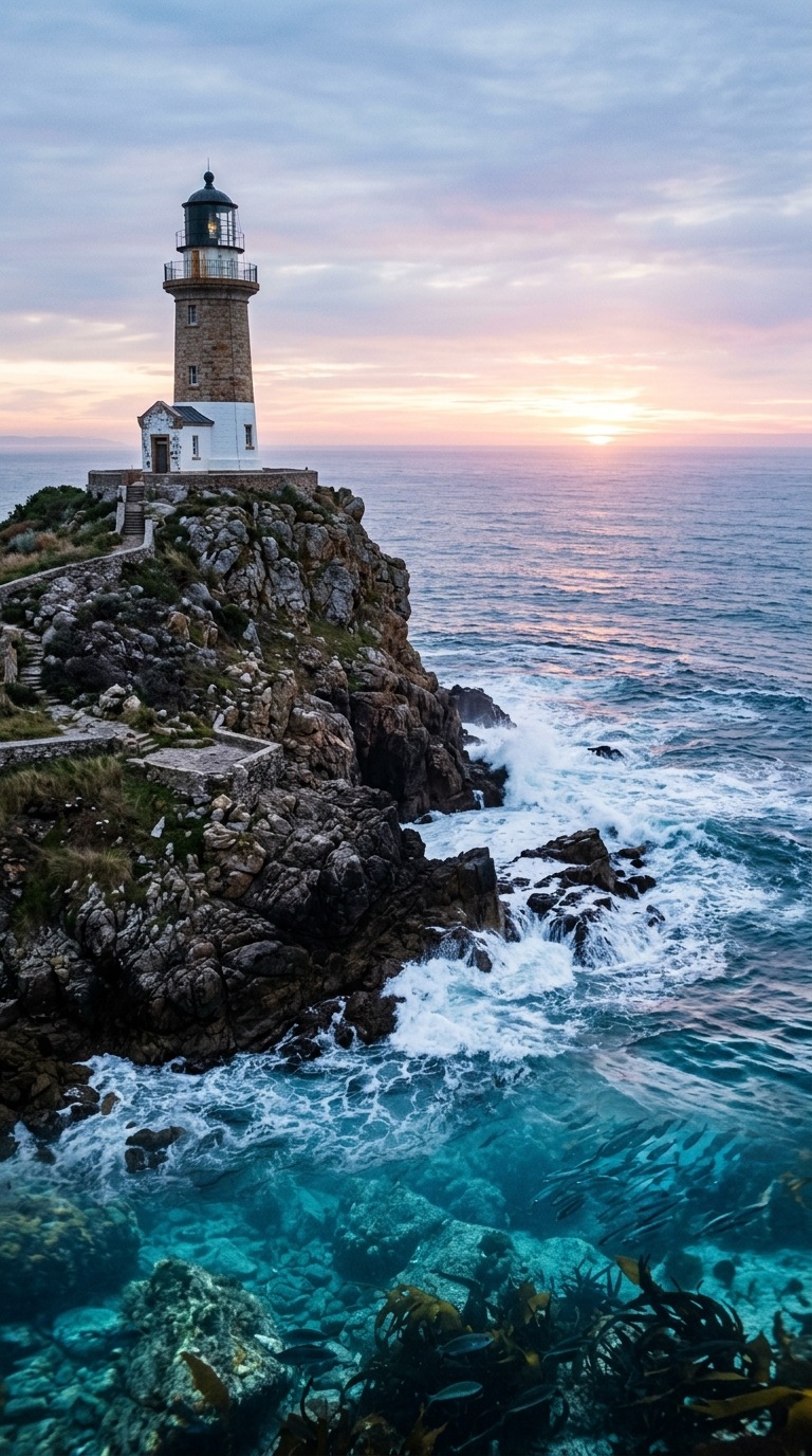 A lighthouse on a rugged sea cliff.