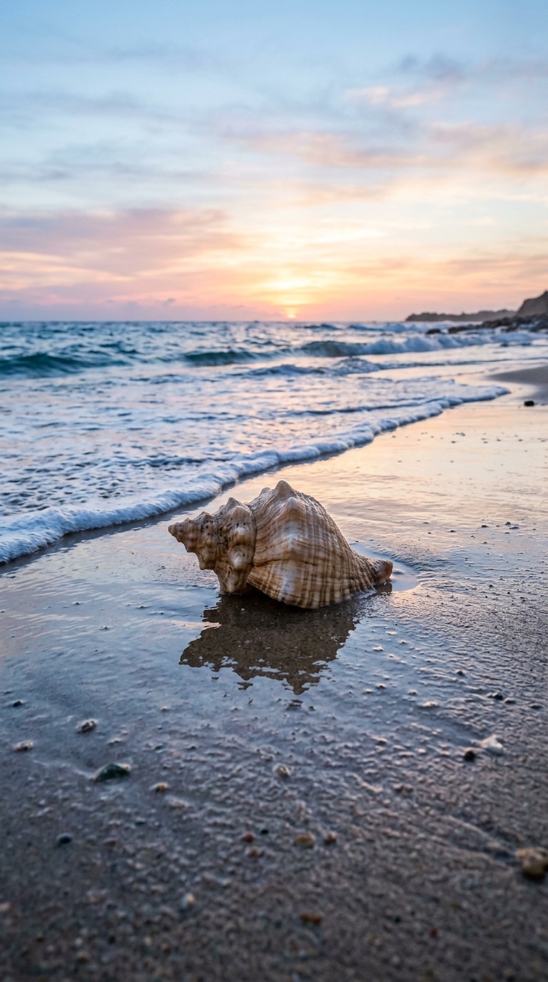 A spiral shell on wet reflective sand.