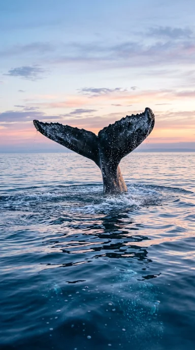 A whale tail above calm open water.