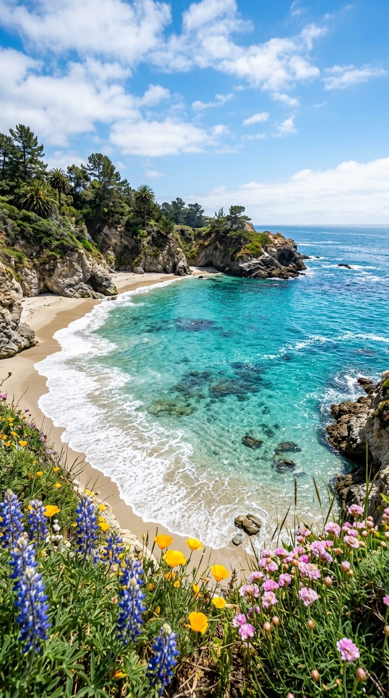 A beach cove framed by wildflowers.