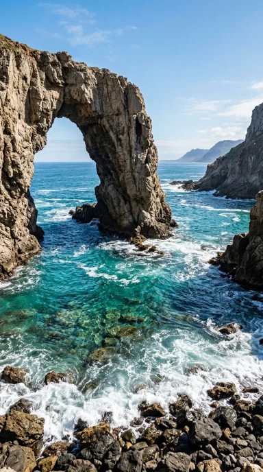 A dramatic ocean arch carved in stone.