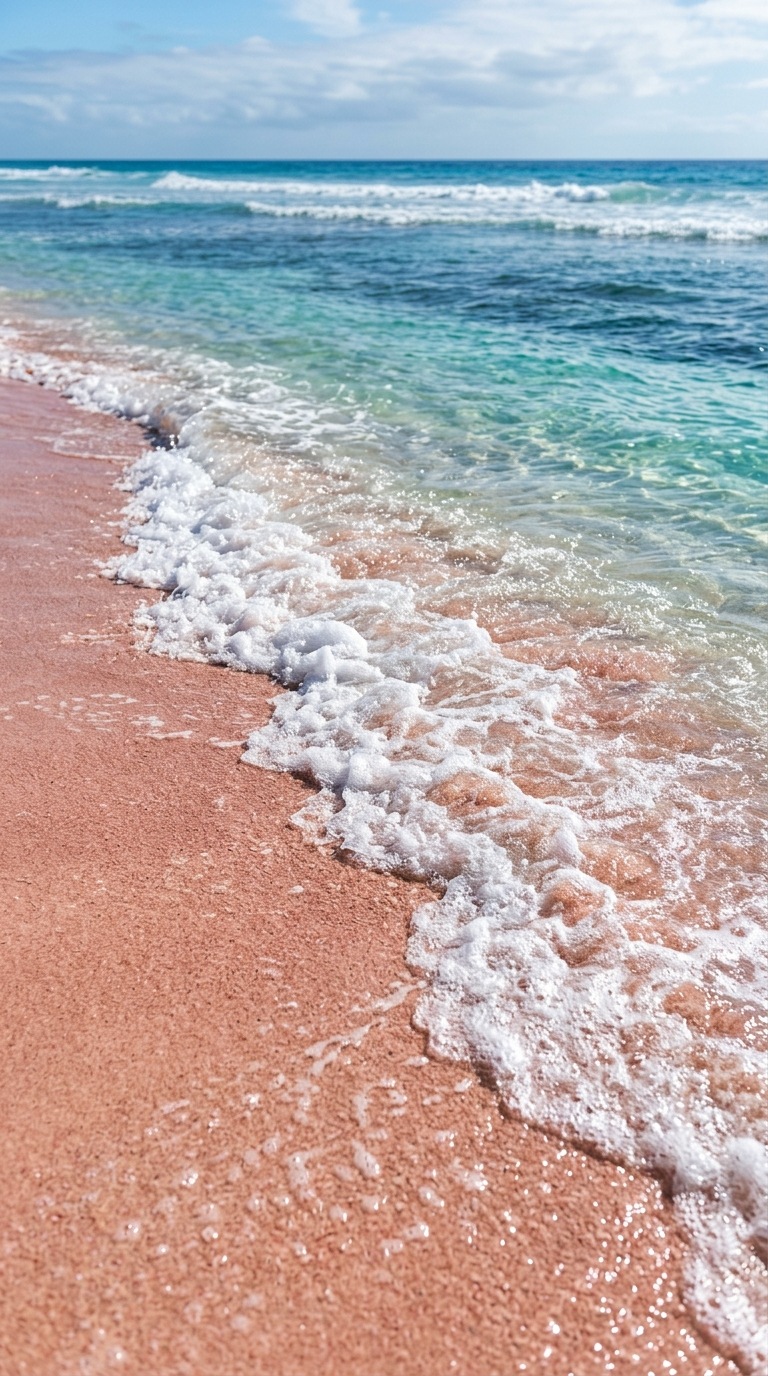 A foamy surf line on rose-colored sand.