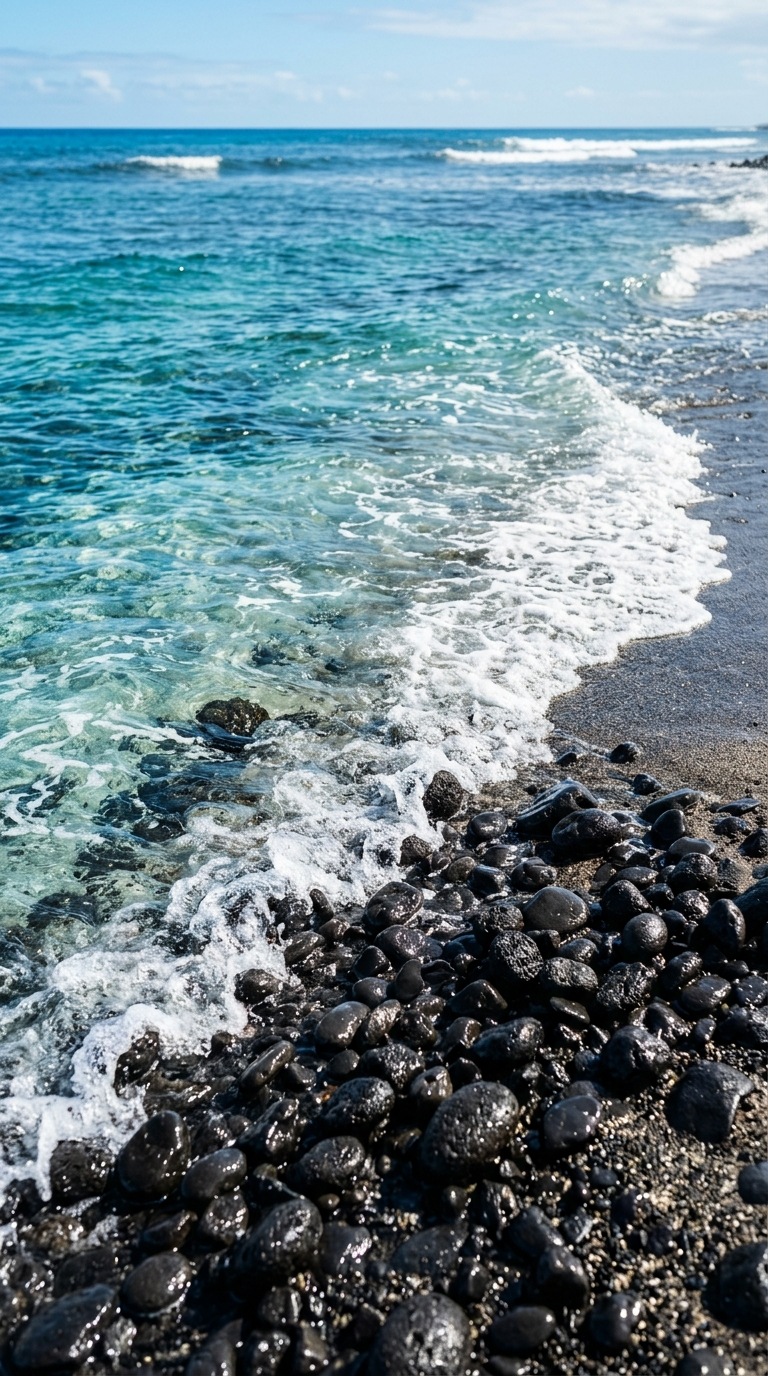 A gentle wave washing over black pebbles.