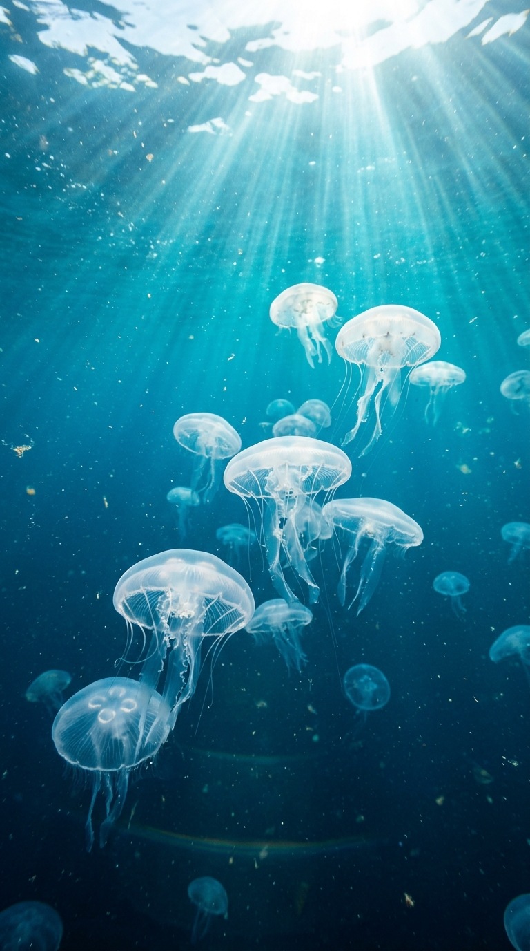 A group of jellyfish in deep blue water.