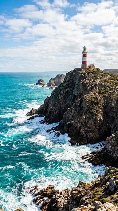 A lighthouse on a rugged sea cliff.