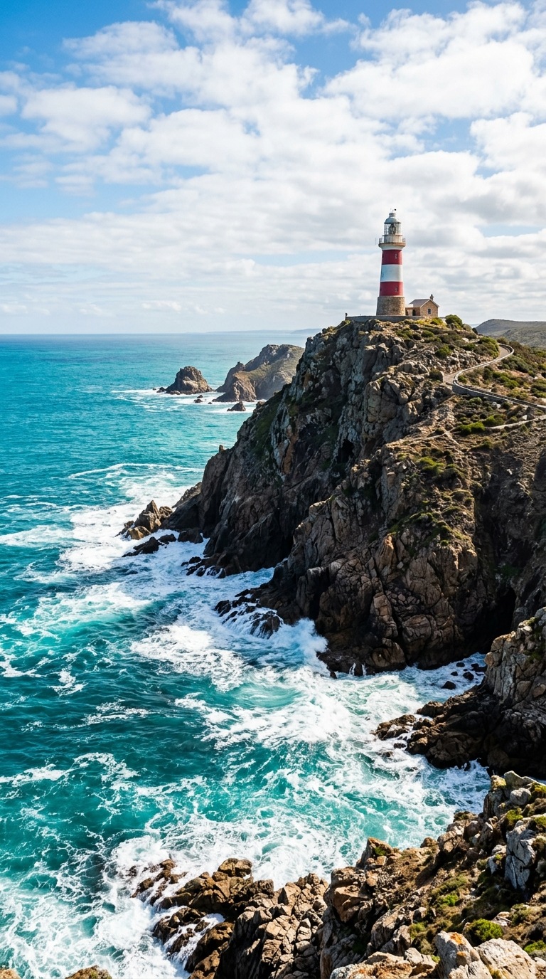 A lighthouse on a rugged sea cliff.