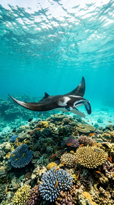 A manta ray gliding above a reef.