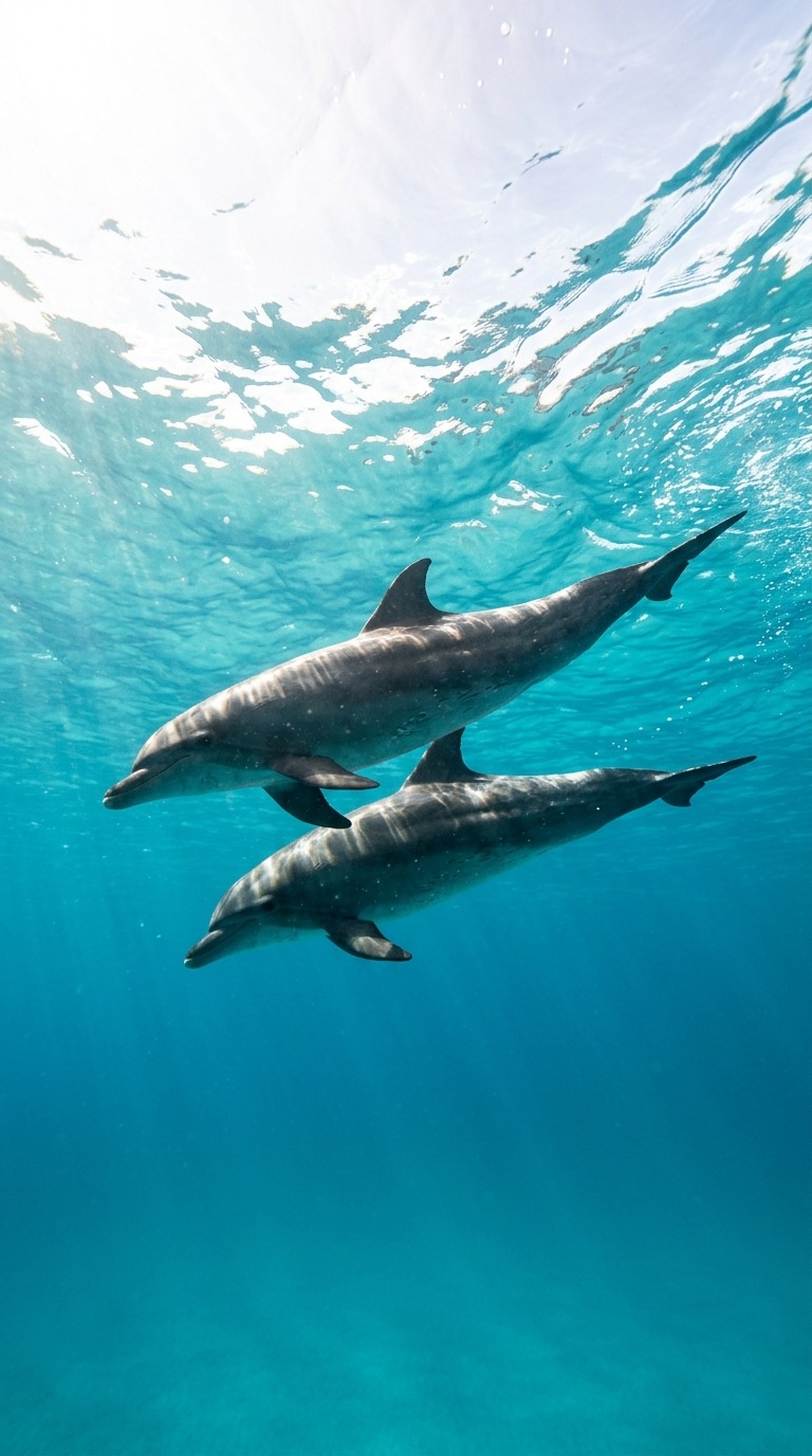 A pair of dolphins beneath the surface.