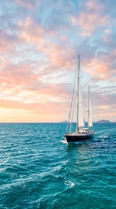 A sailboat beneath a wide pastel sky.