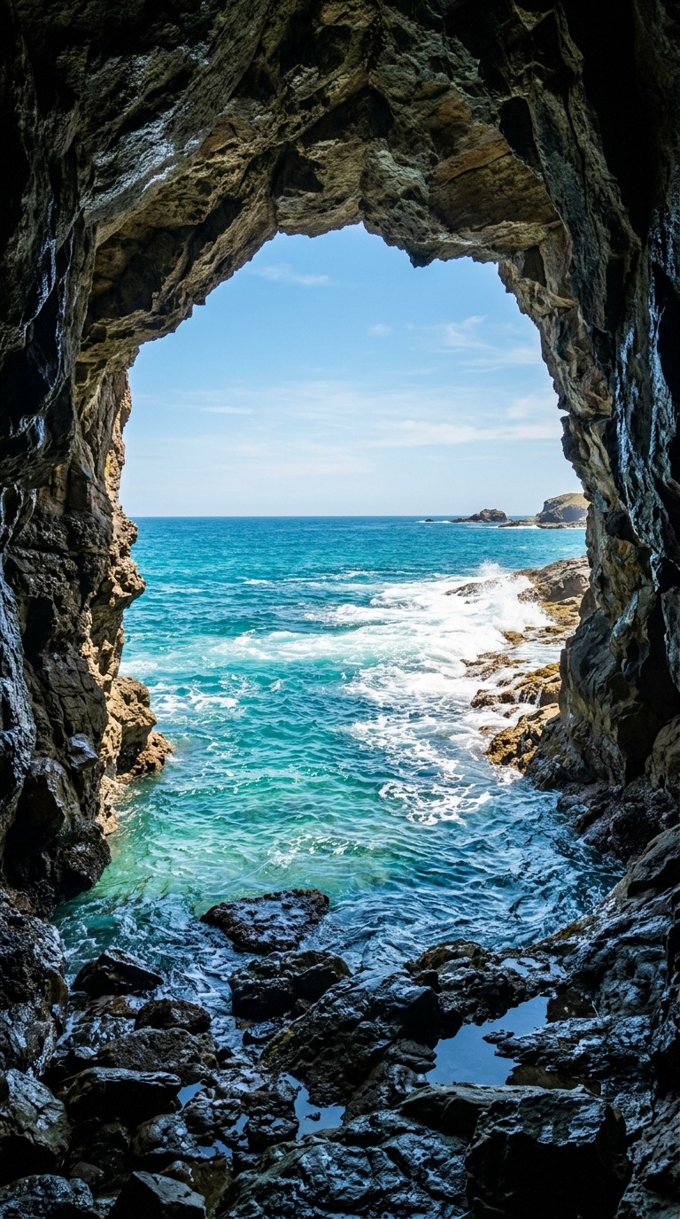 A sea cave opening toward the horizon.