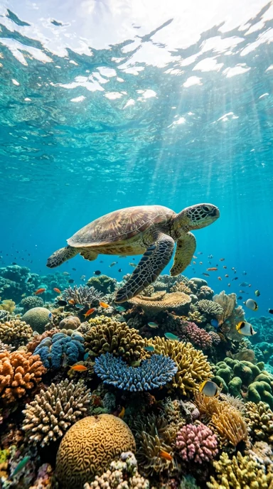 A sea turtle above colorful coral.