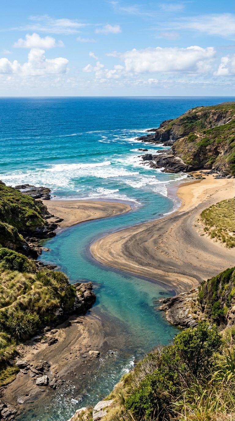 A tidal river meeting the ocean.