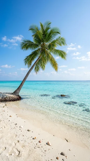 A tranquil beach with a single palm.