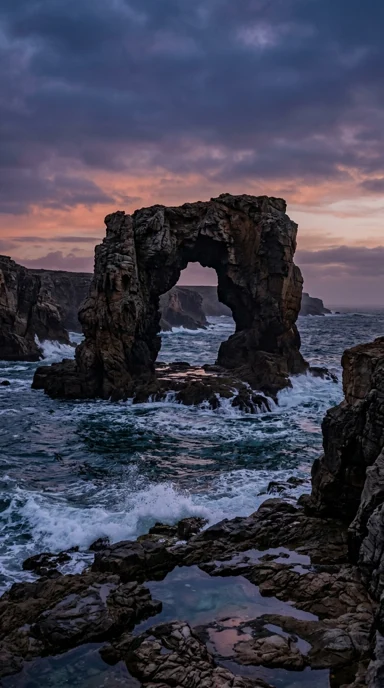 A dramatic ocean arch carved in stone.
