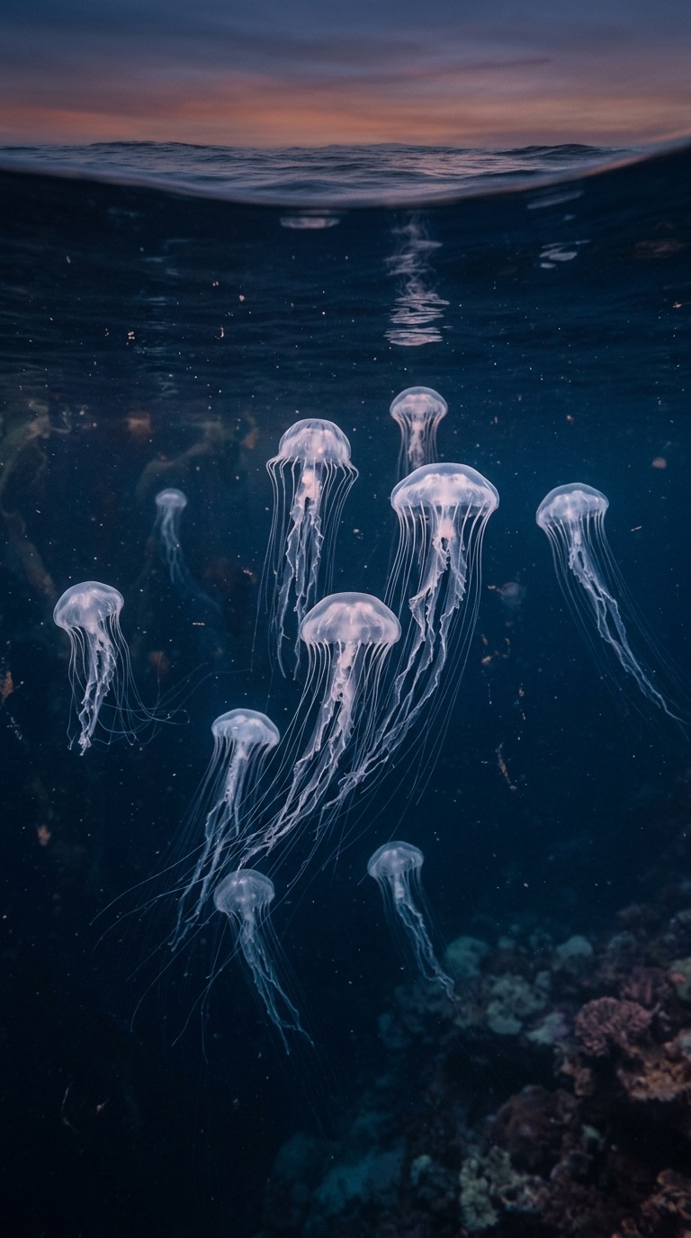A group of jellyfish in deep blue water.