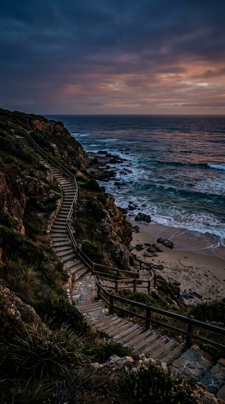 A long coastal stairway leading to a beach.