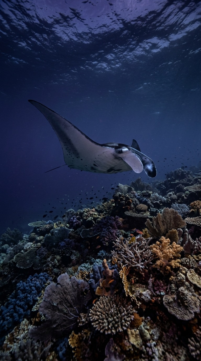 A manta ray gliding above a reef.