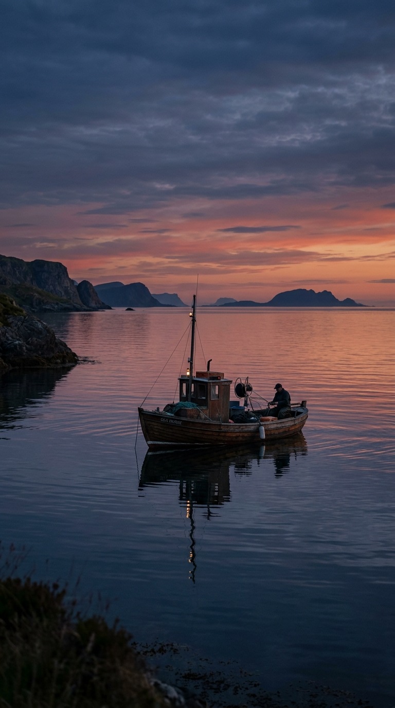 A quiet fishing boat on glassy water.