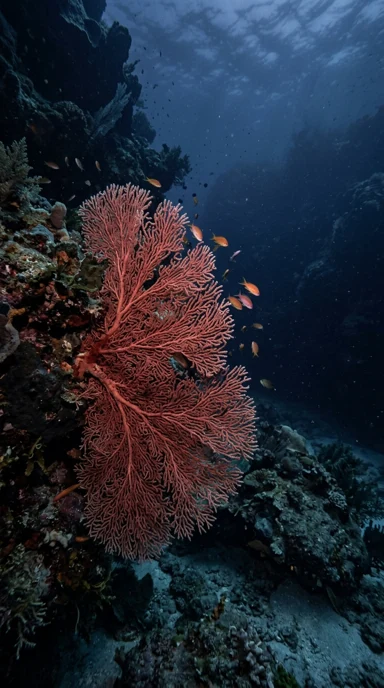 A red sea fan against blue depths.