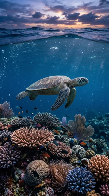 A sea turtle above colorful coral.