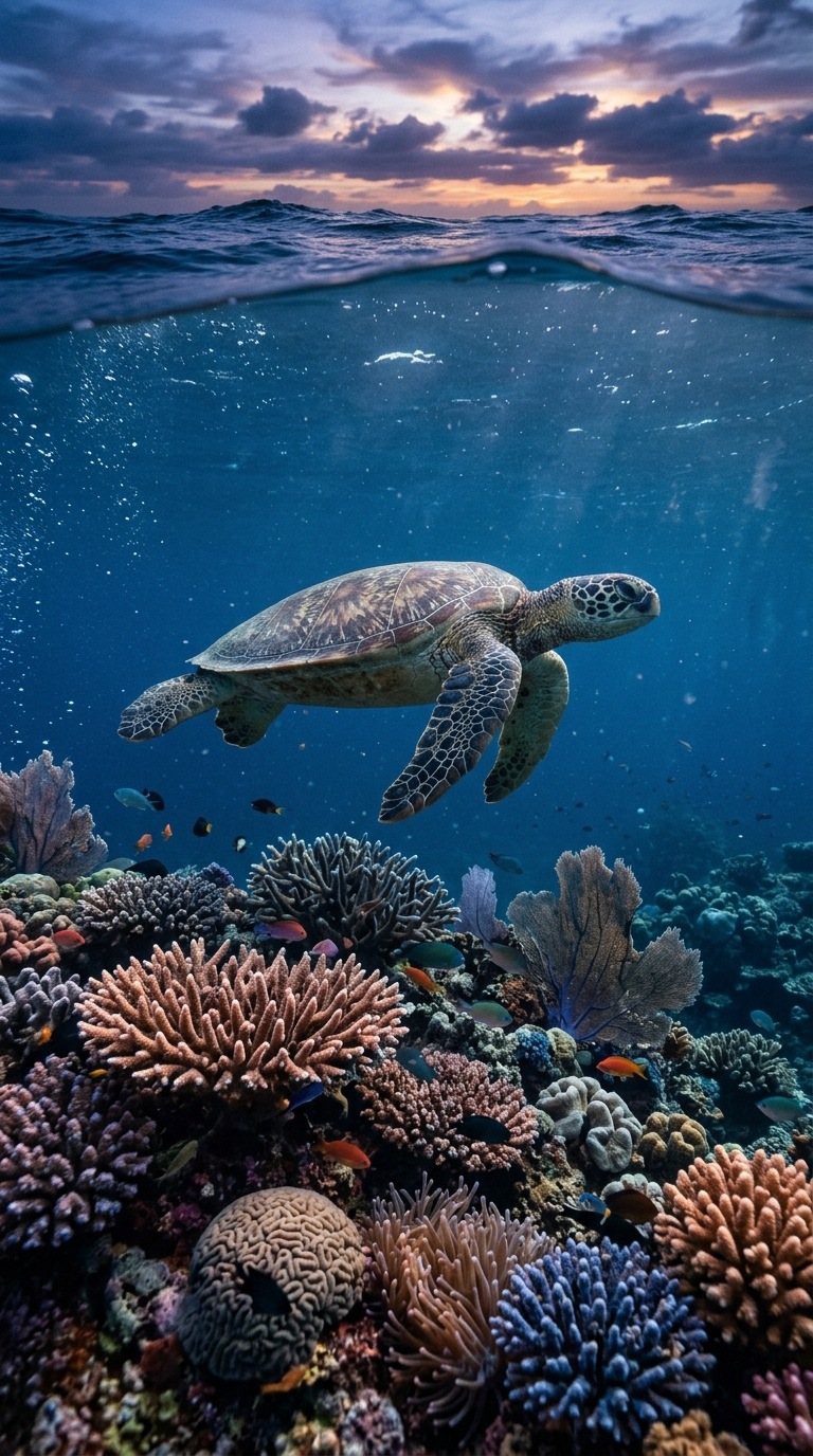 A sea turtle above colorful coral.