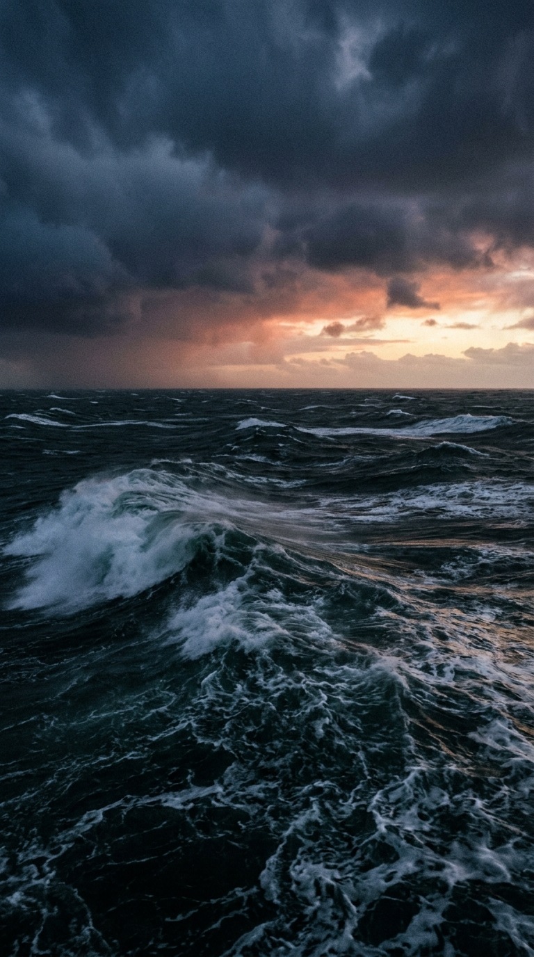 A stormy sea with distant breaking light.