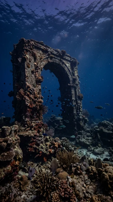 A sunken stone arch among coral.