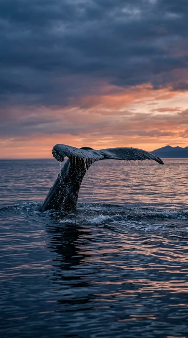 A whale tail above calm open water.