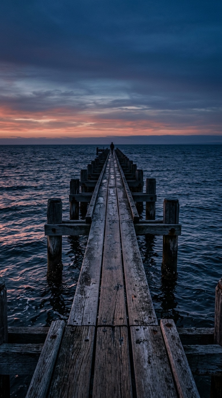 A wooden pier stretching into blue water.
