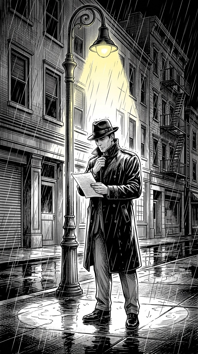 An adult detective beneath a rainy streetlamp.