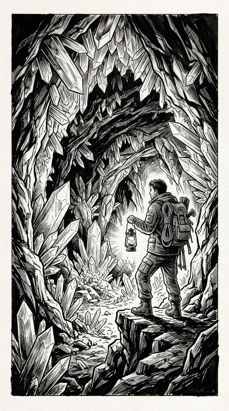 An adult explorer at the entrance to a crystal cave.