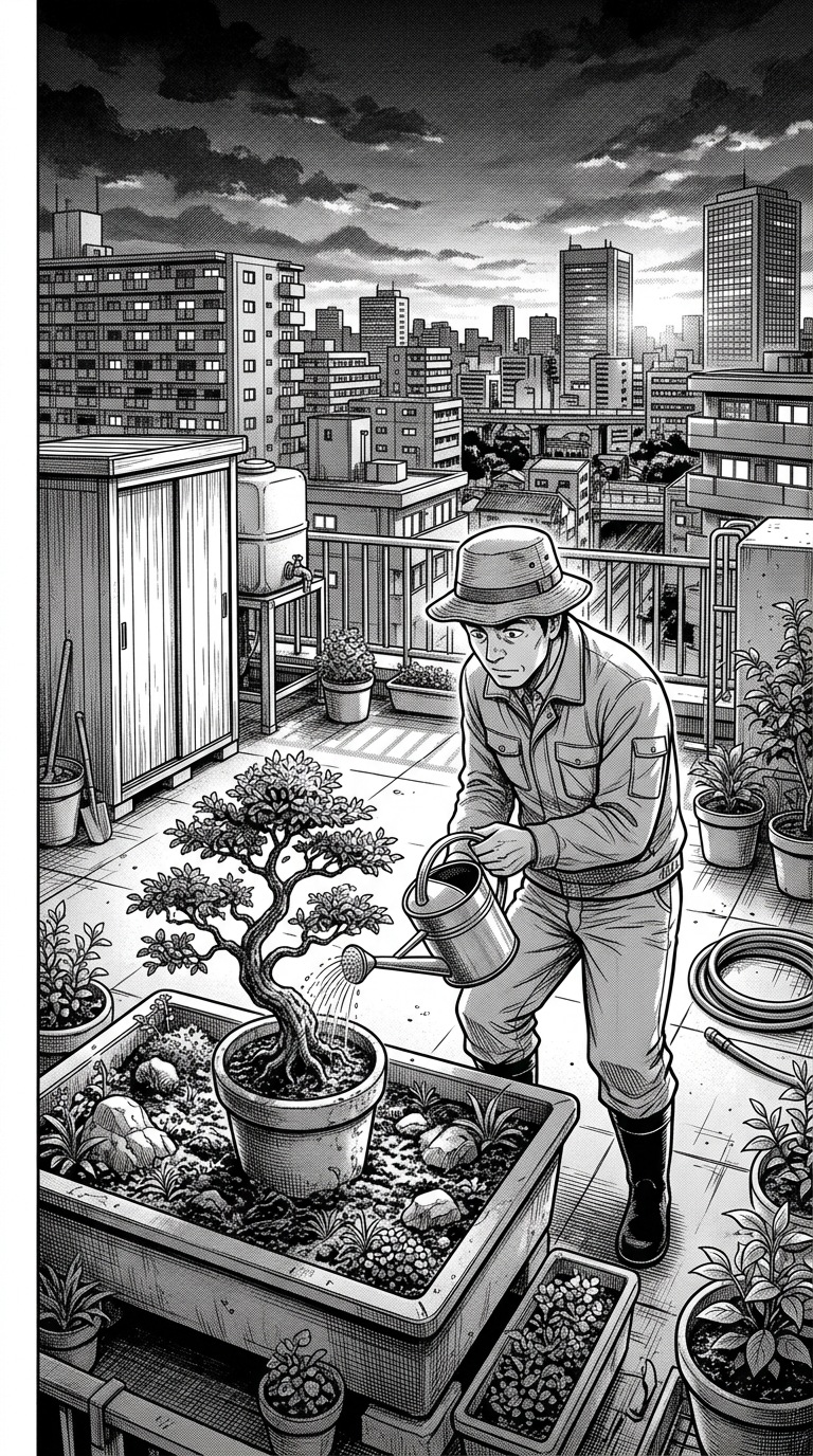 An adult gardener watering a tiny rooftop tree.