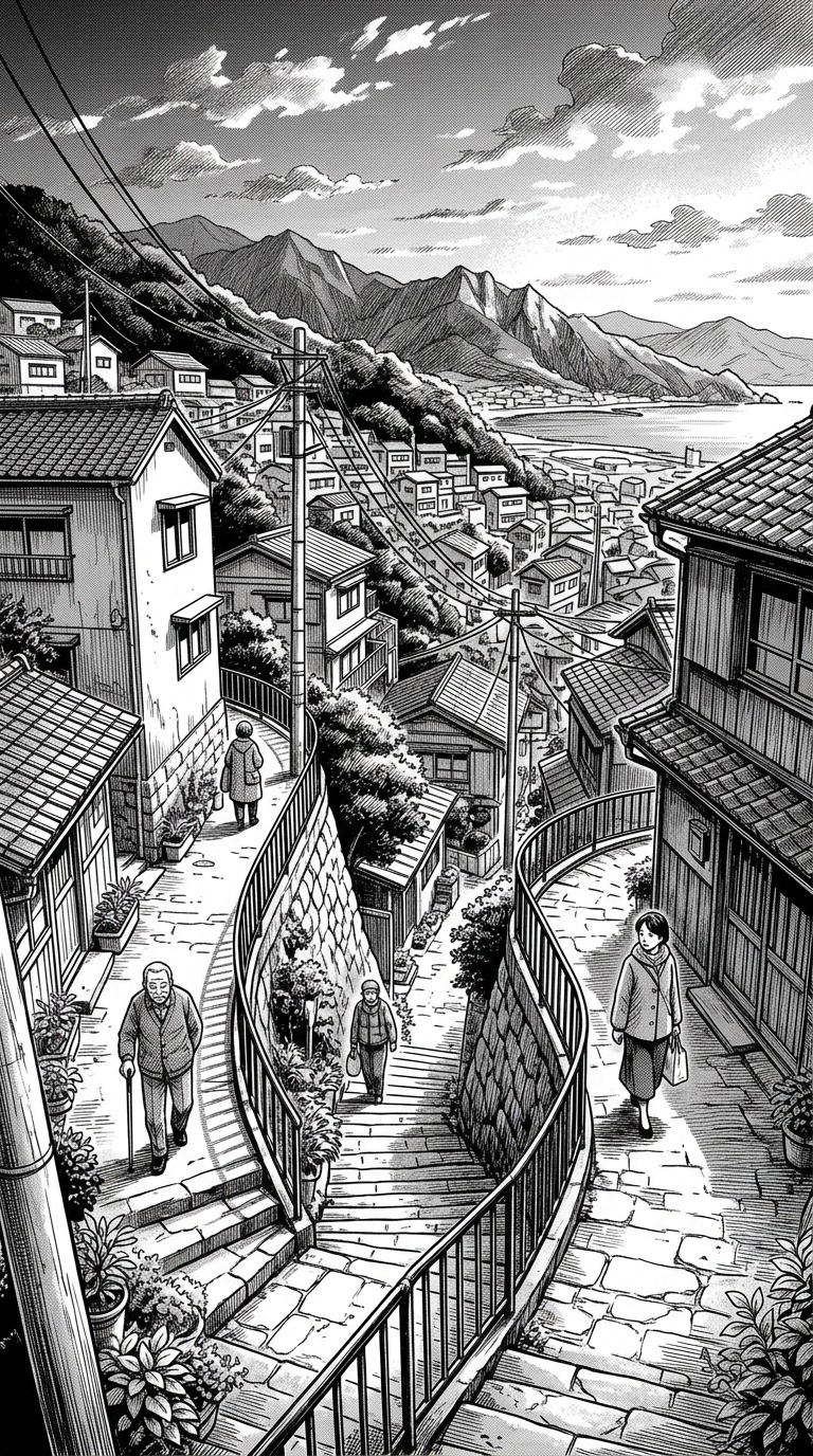 A quiet hillside town with winding stairs.