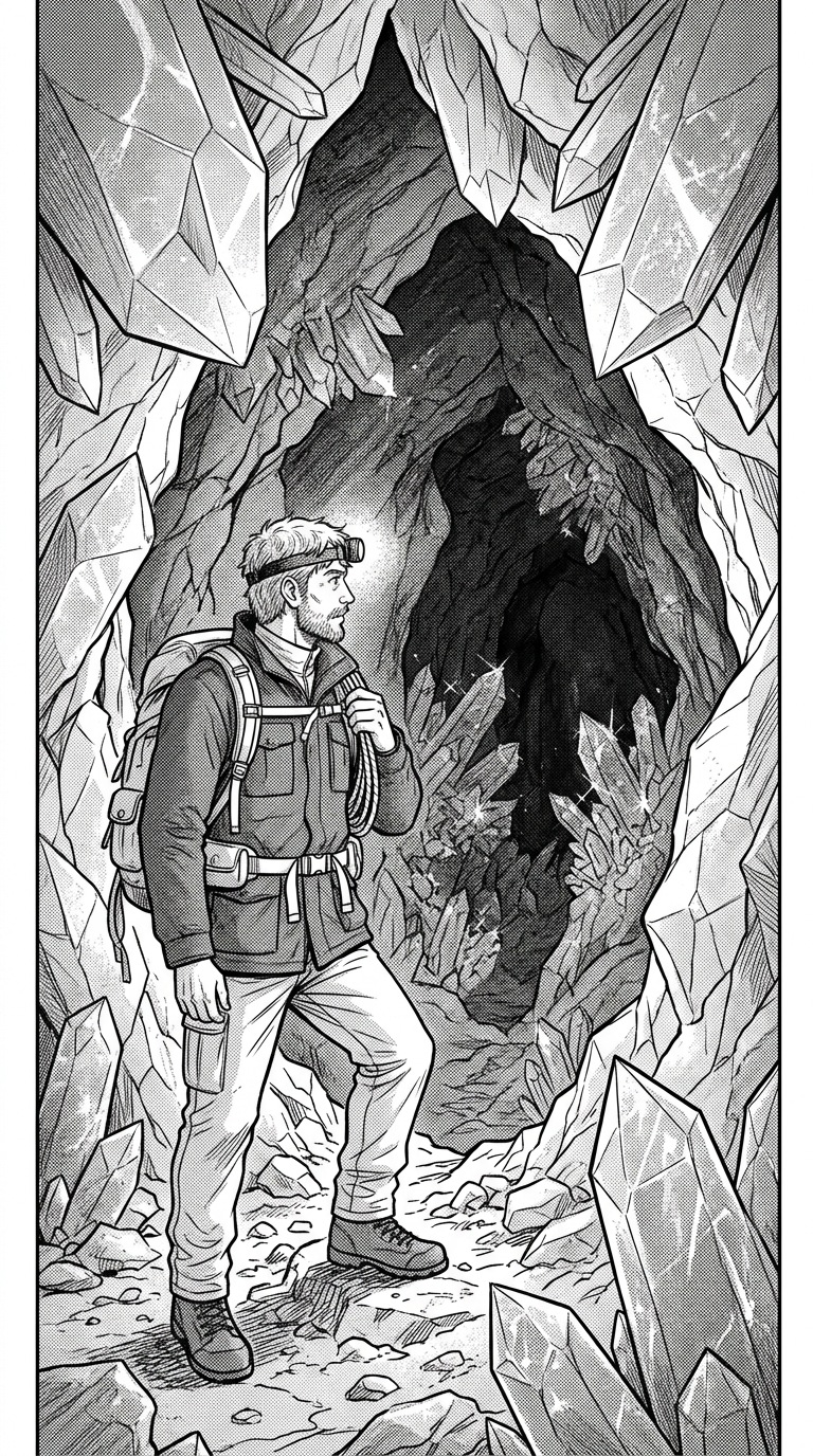 An adult explorer at the entrance to a crystal cave.