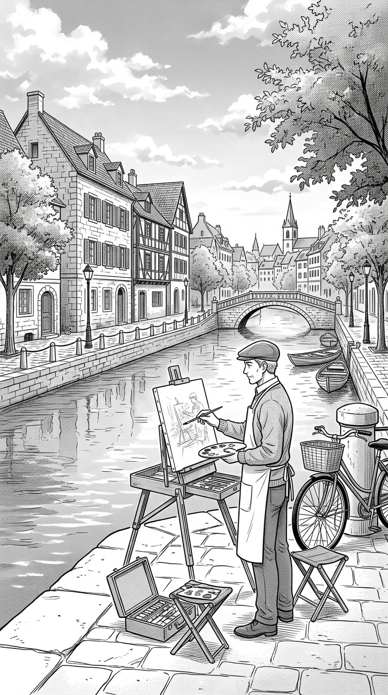 An adult painter beside a city canal.