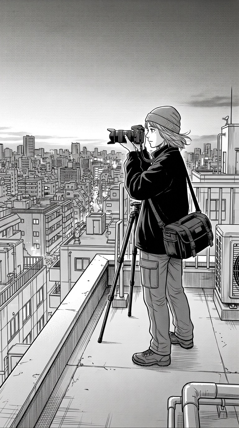 An adult photographer on a rooftop at dusk.